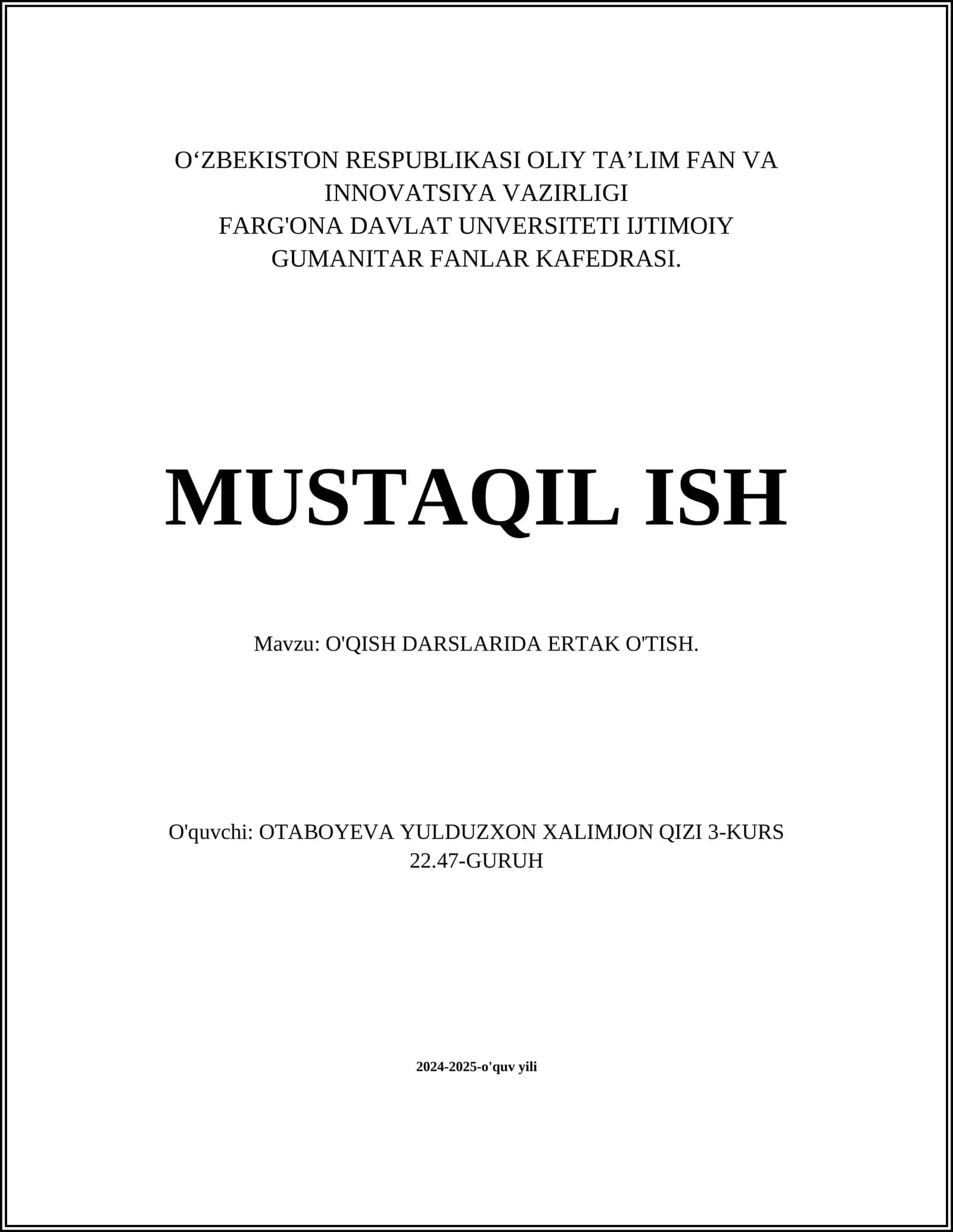 O'QISH DARSLARIDA ERTAK O'TISH
