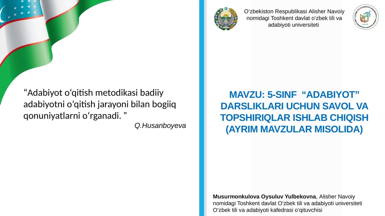 5-SINF “ADABIYOT” DARSLIKLARI UCHUN SAVOL VA TOPSHIRIQLAR ISHLAB CHIQISH (AYRIM MAVZULAR MISOLIDA)