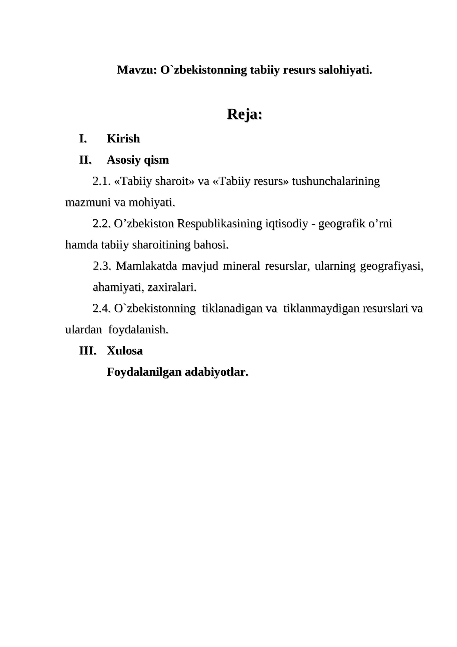O`zbekistonning tabiiy resurs salohiyati