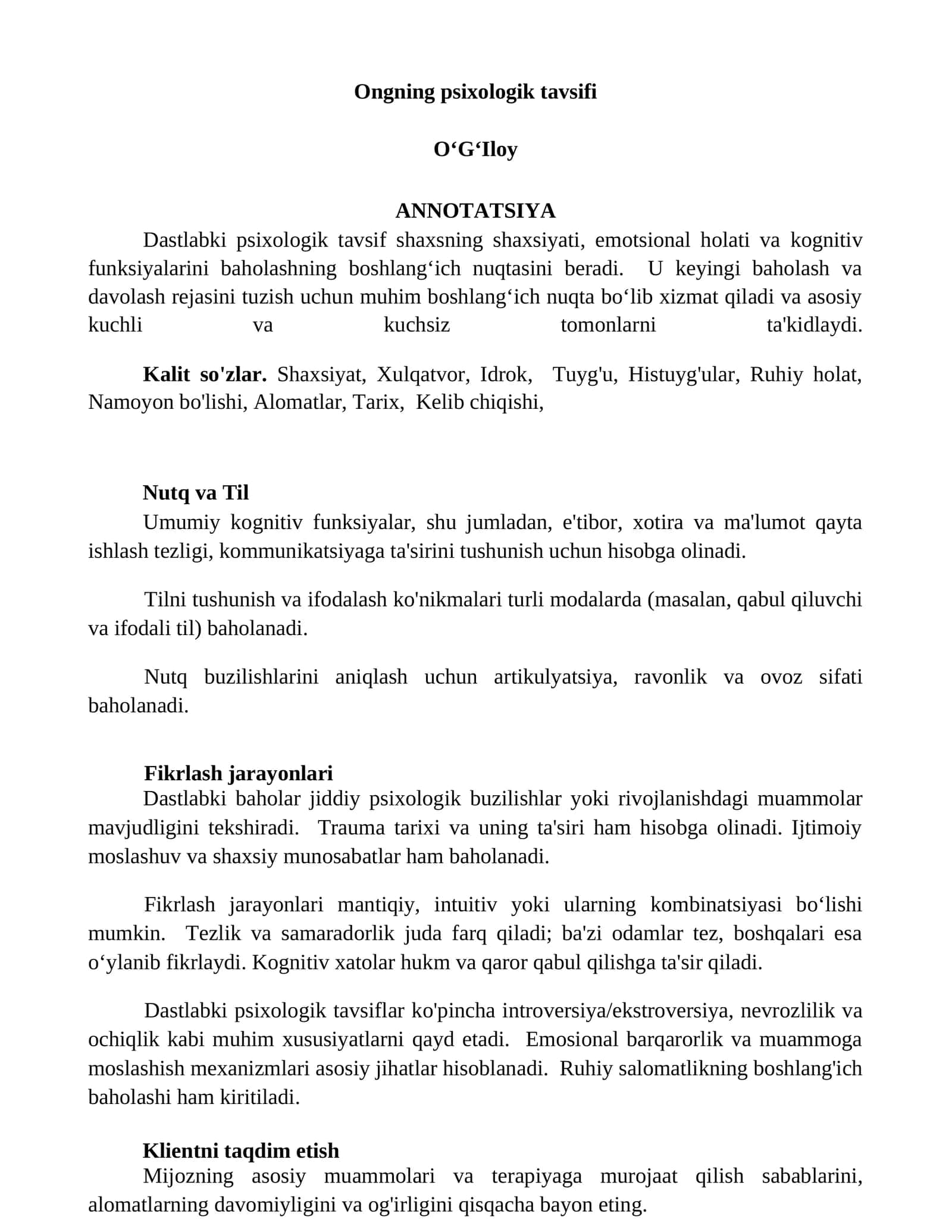 Ongning psixologik tavsifi
