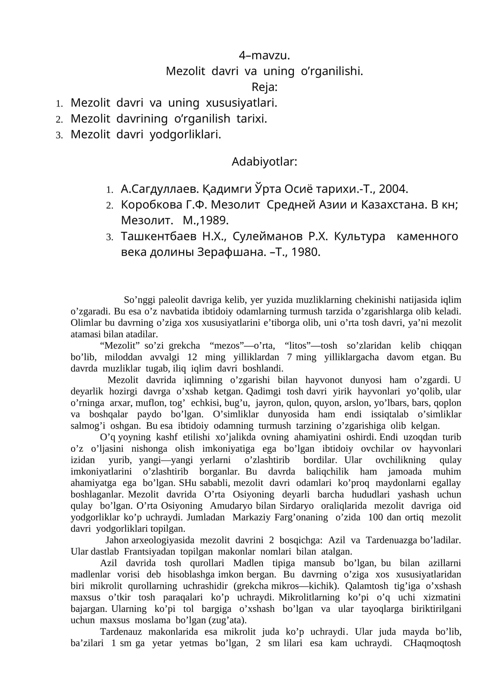 Mezolit davri va uning o’rganilishi