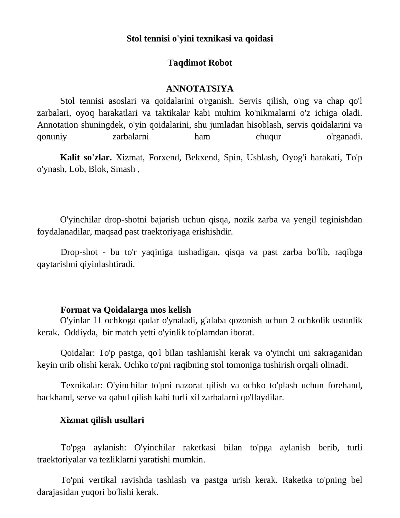 Stol tennisi o'yini texnikasi va qoidasi