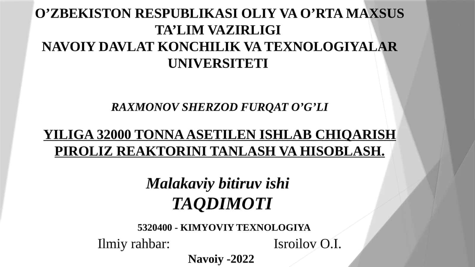 YILIGA 32000 TONNA ASETILEN ISHLAB CHIQARISH PIROLIZ REAKTORINI TANLASH VA HISOBLASH