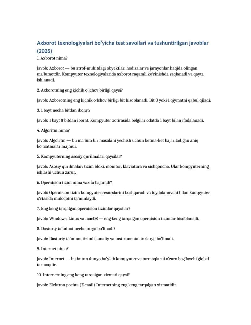Axborot texnologiyalari bo‘yicha test savollari va tushuntirilgan javoblar (2025)