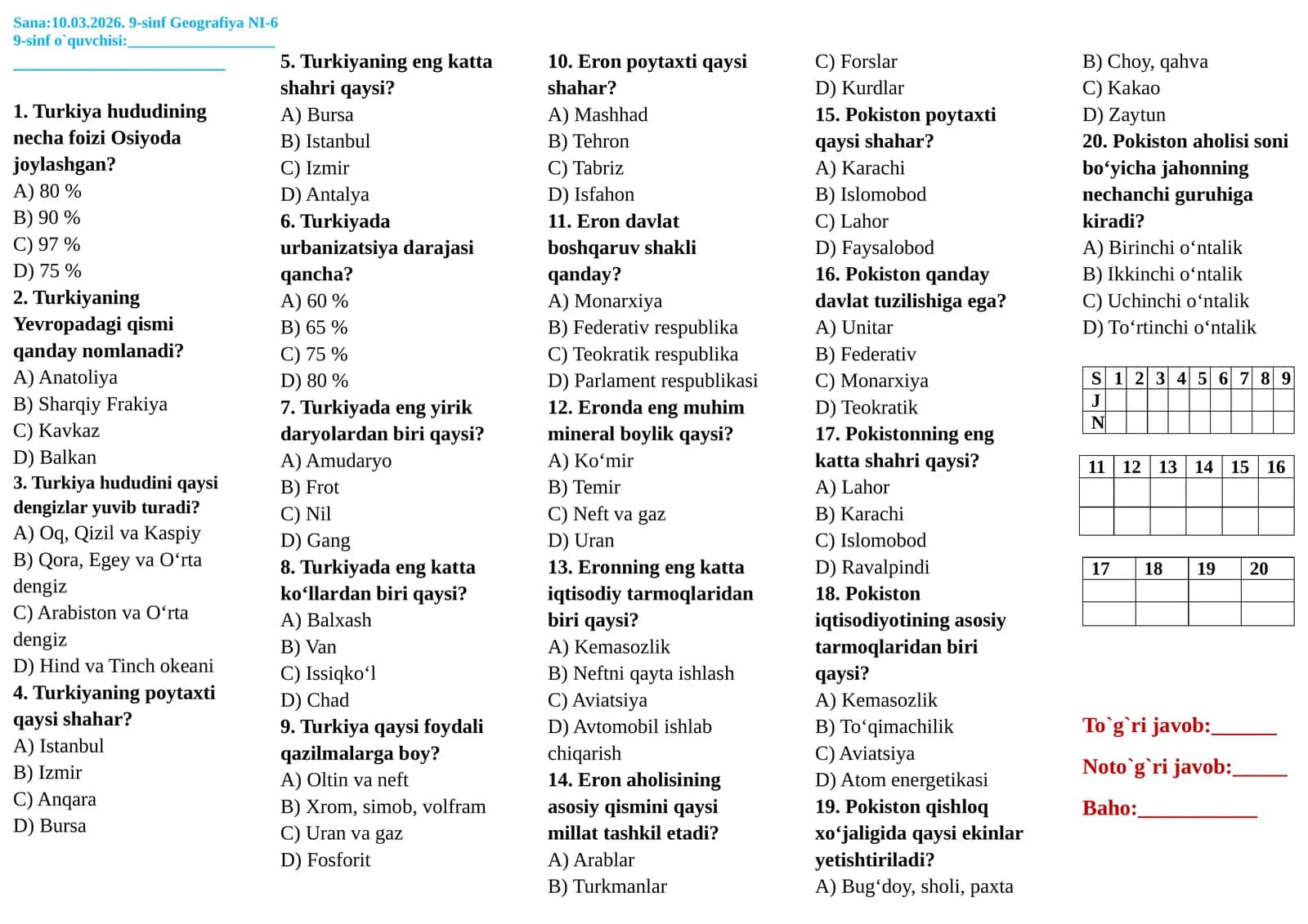 9-sinf Geografiya Nazorat ishi 6