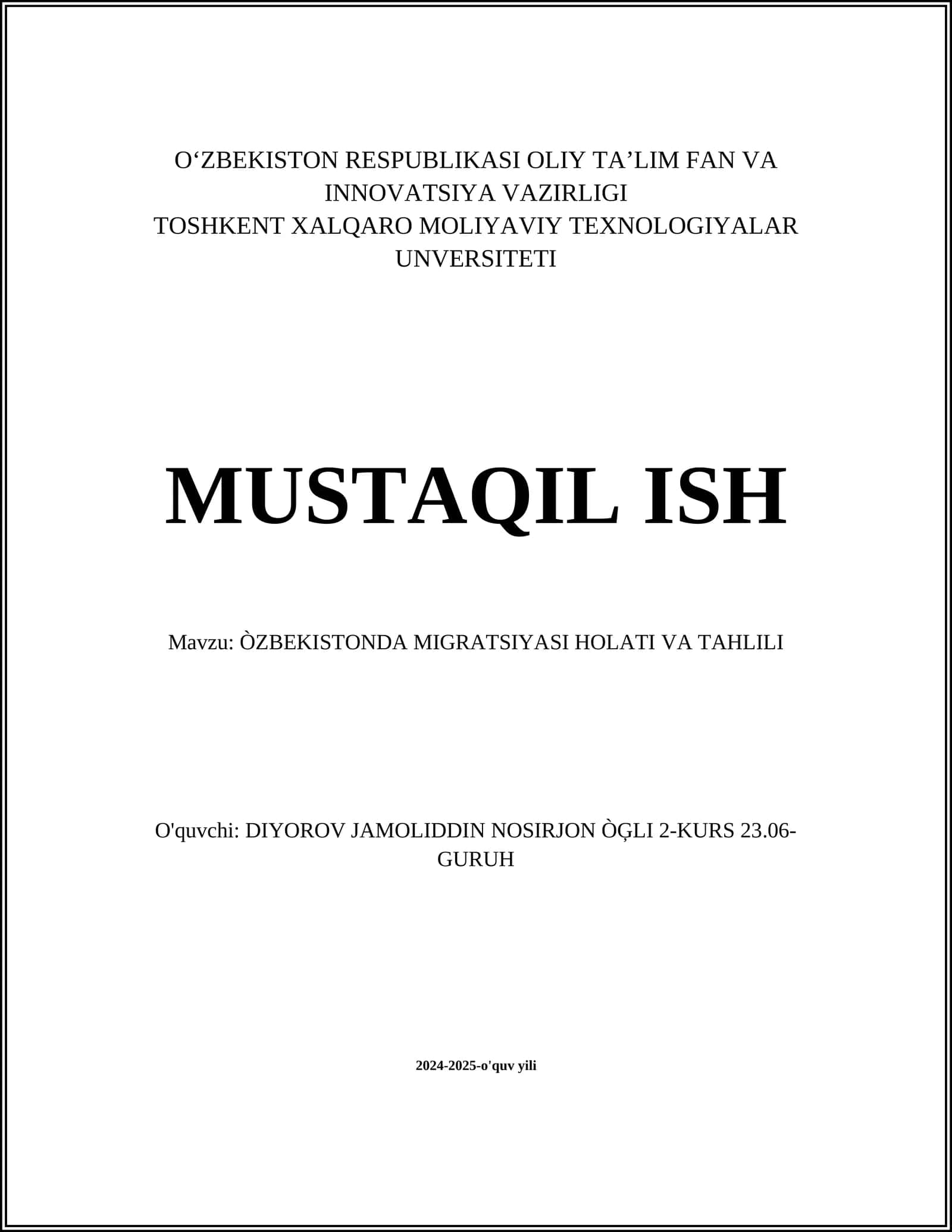 ÒZBEKISTONDA MIGRATSIYASI HOLATI VA TAHLILI