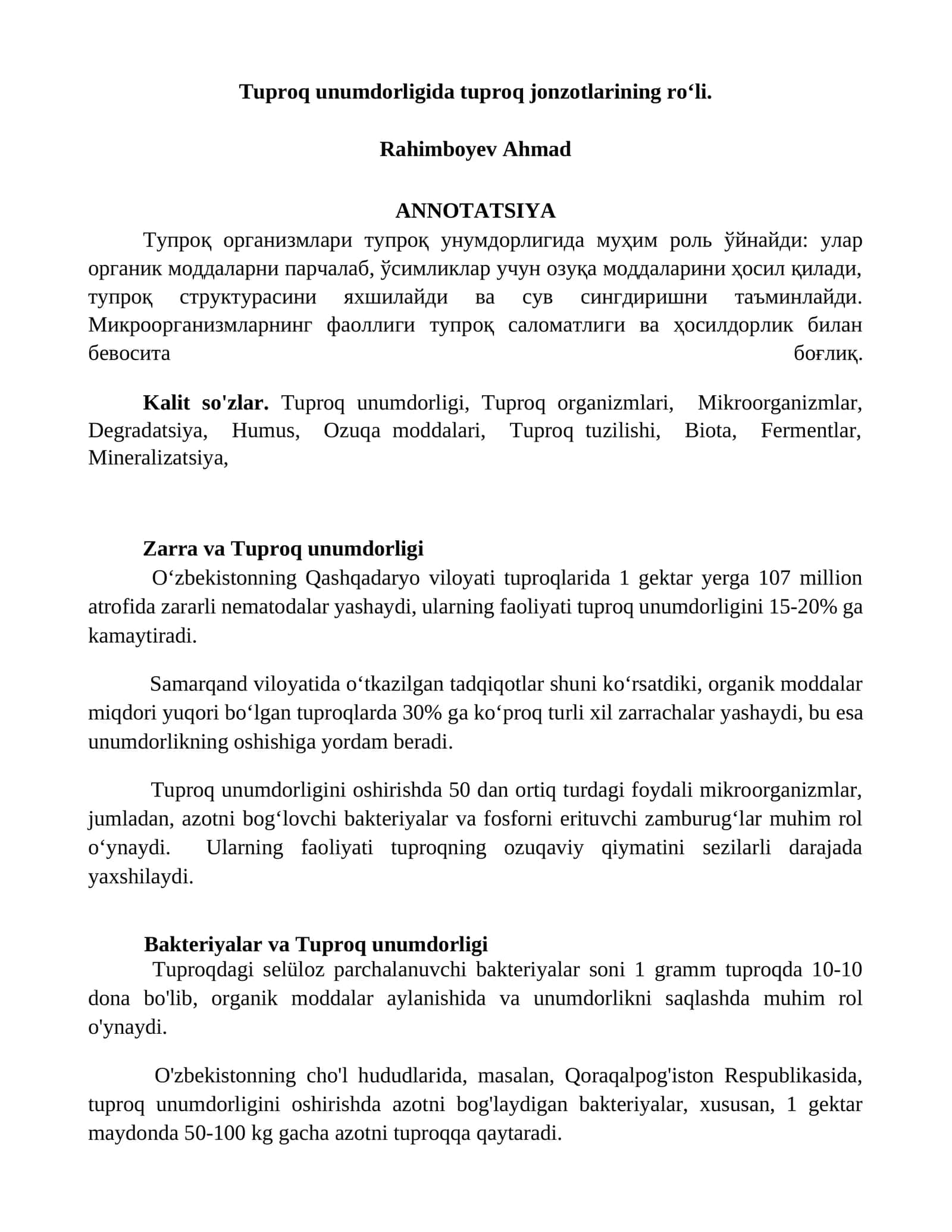 Zarra va Tuproq unumdorligi