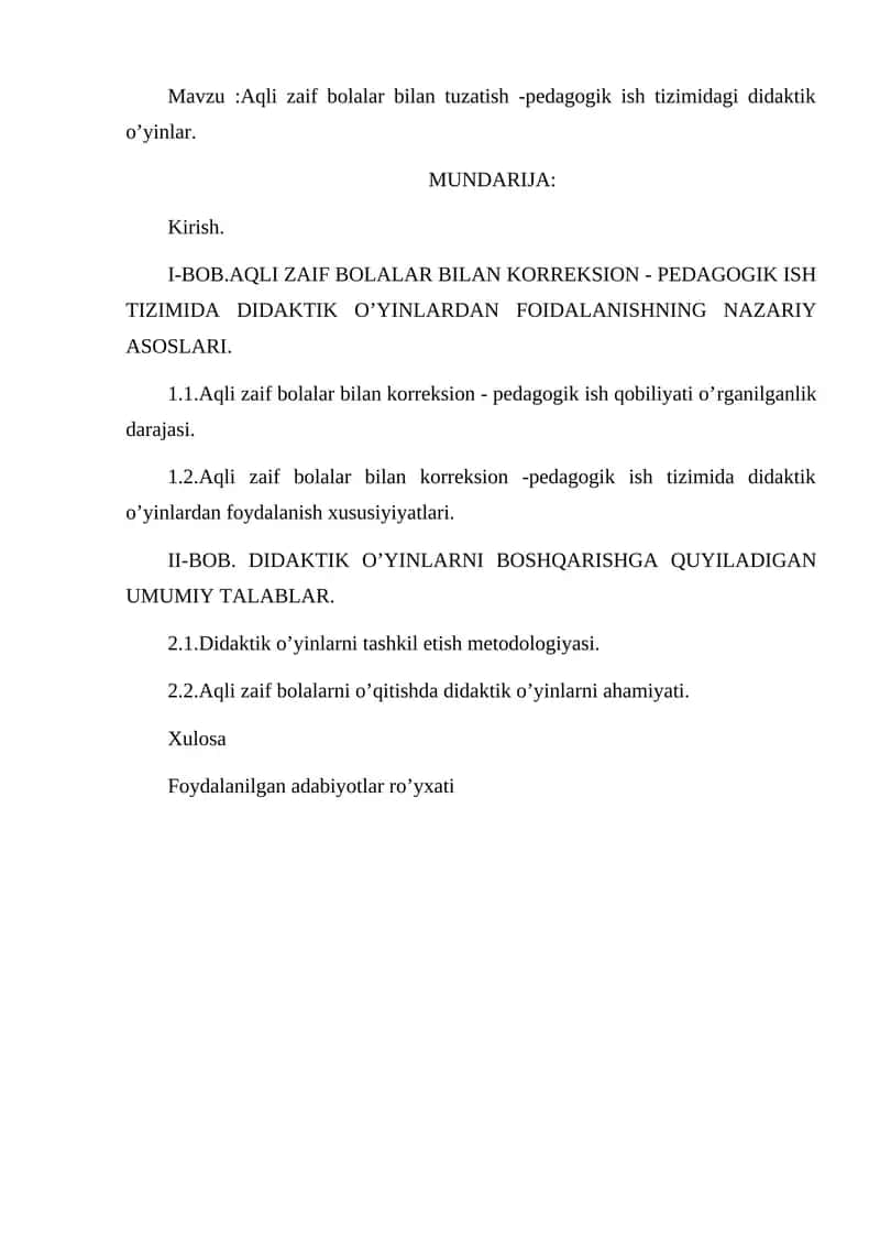 Aqli zaif bolalar bilan tuzatish -pedagogik ish tizimidagi didaktik o’yinlar