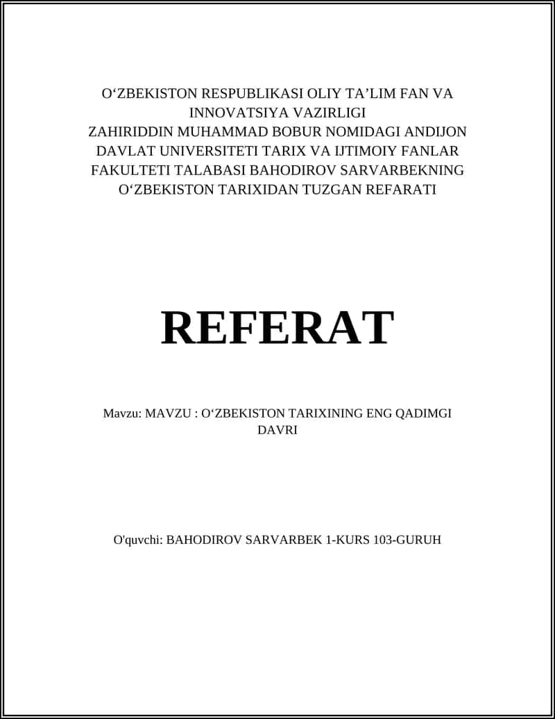 Oʻzbekiston tarixidan tuzgan referat