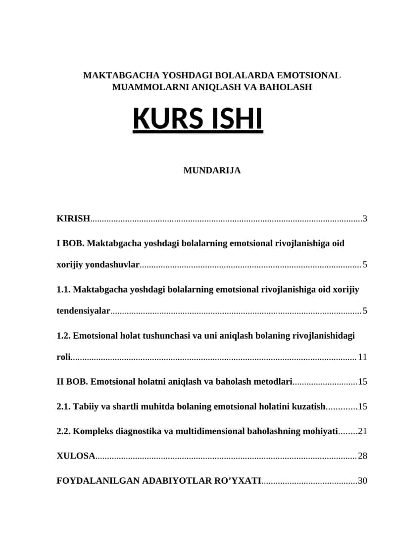 MAKTABGACHA YOSHDAGI BOLALARDA EMOTSIONAL MUAMMOLARNI ANIQLASH VA BAHOLASH KURS ISHI
