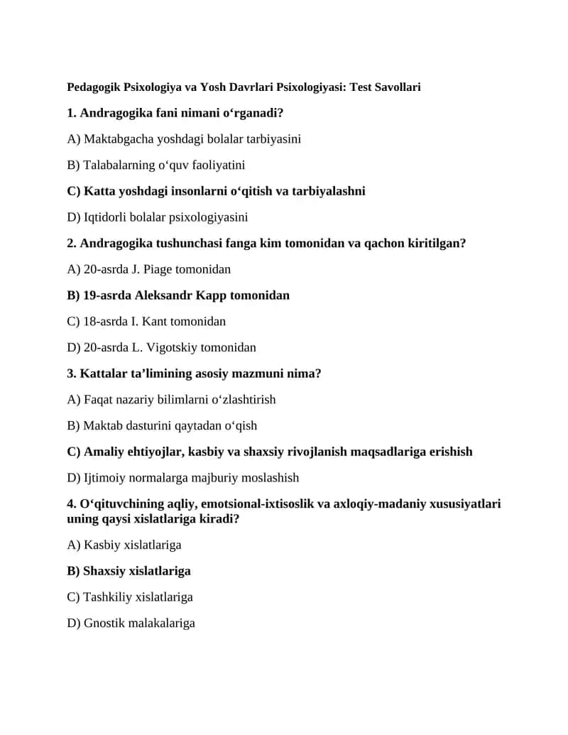 Pedagogik Psixologiya va Yosh Davrlari Psixologiyasi: Test Savollari