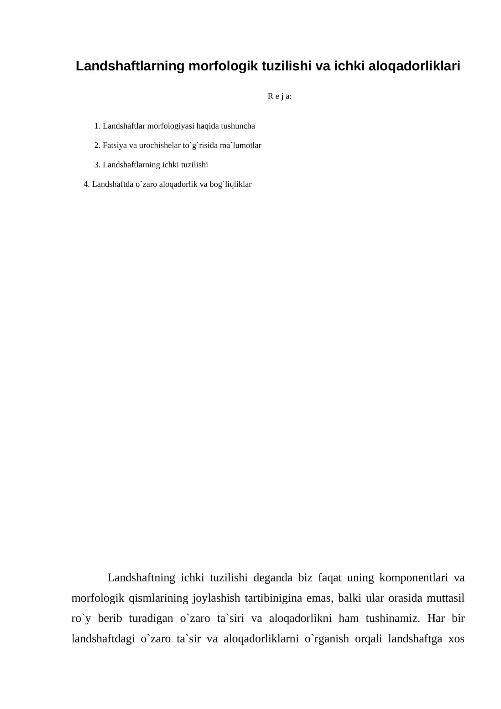 Landshaftlarning morfologik tuzilishi va ichki aloqadorliklari