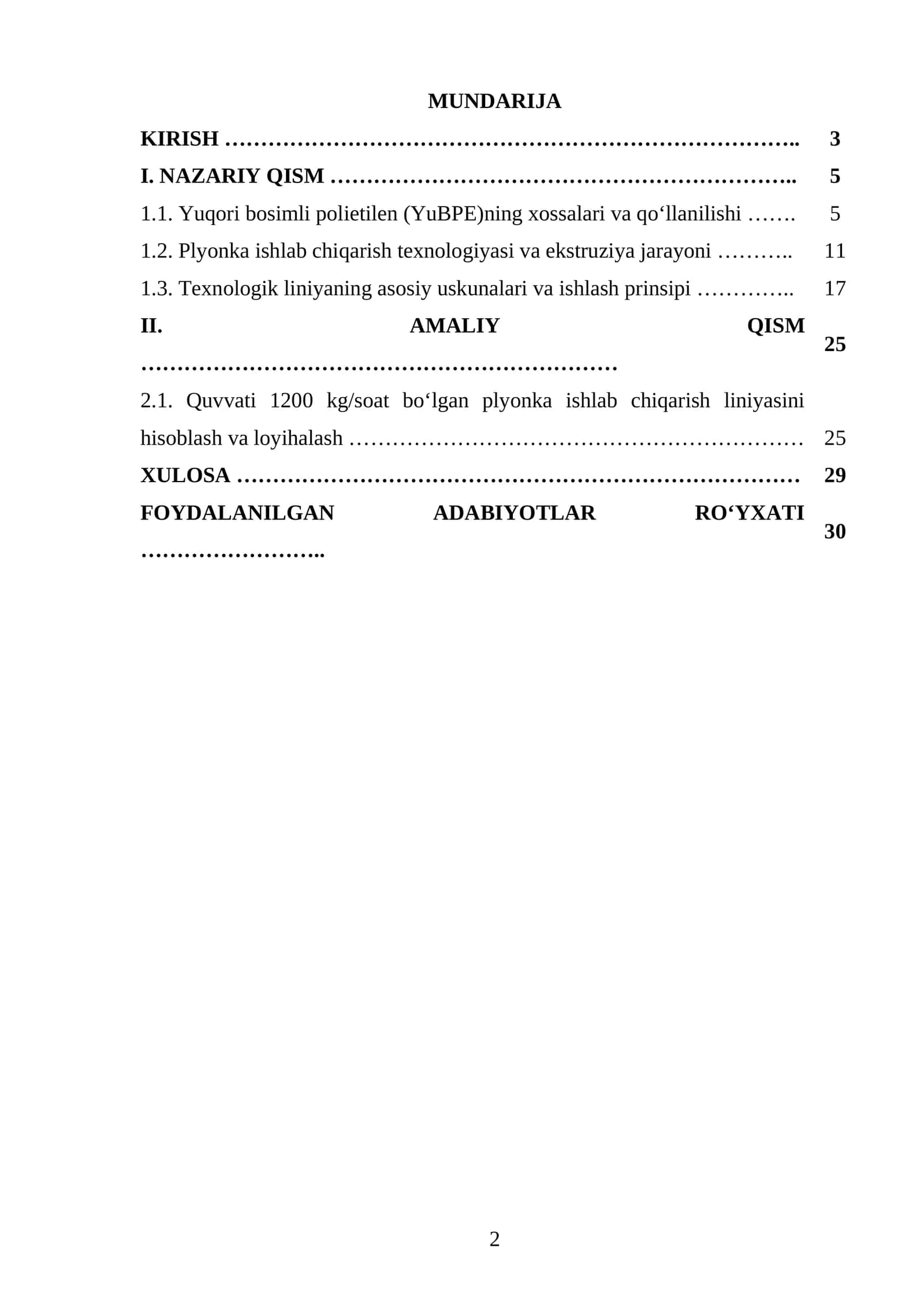 YuBPE dan quvvati 1200 kg/soat boʻlgan plyonka ishlab chiqaradigan texnologik liniyani loyihalash