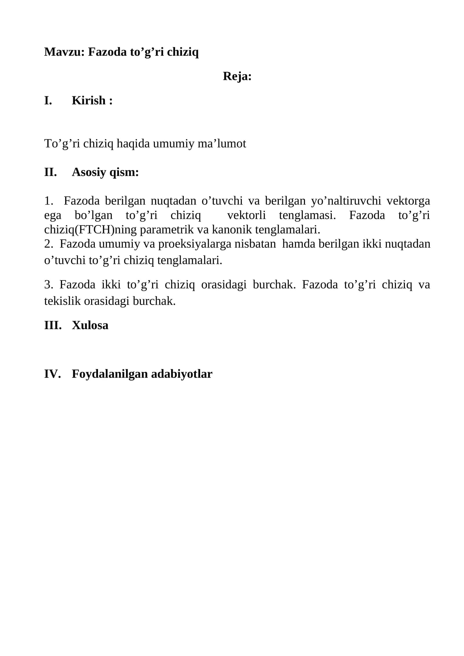Fazoda to’g’ri chiziq