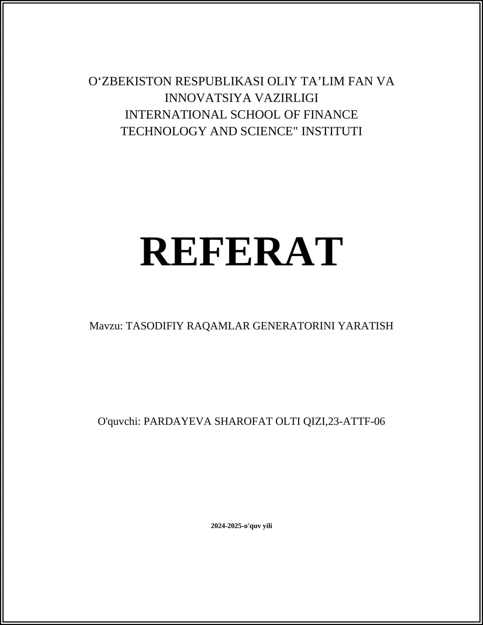 TASODIFIY RAQAMLAR GENERATORINI YARATISH