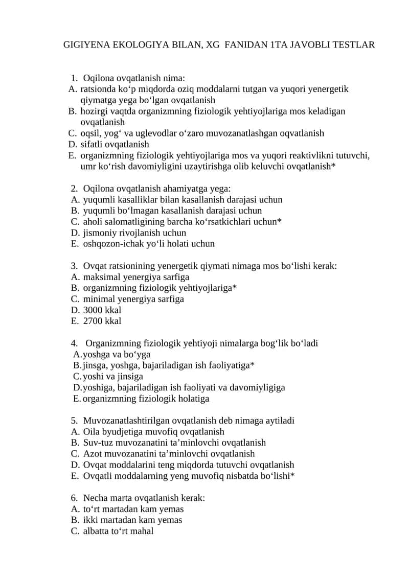 GIGIYENA EKOLOGIYA BILAN, XG FANIDAN 1TA JAVOBLI TESTLAR