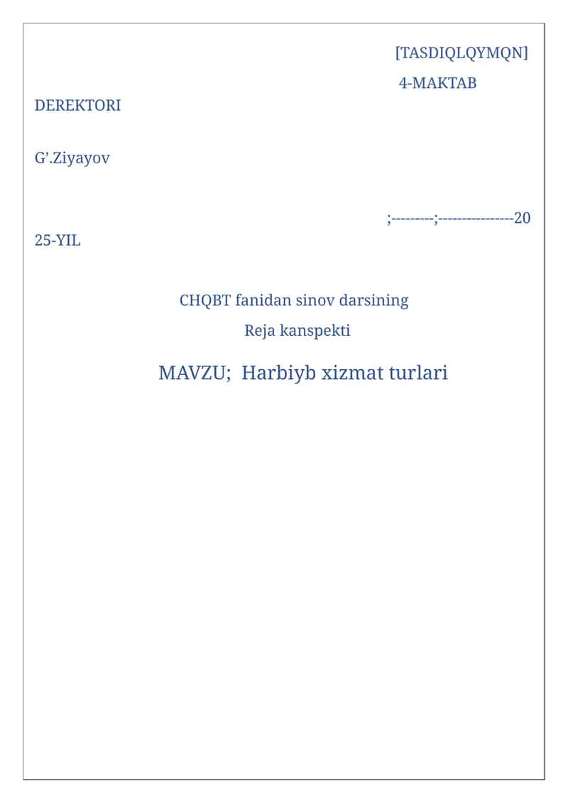 CHQBT fanidan sinov darsining Reja kanspekti