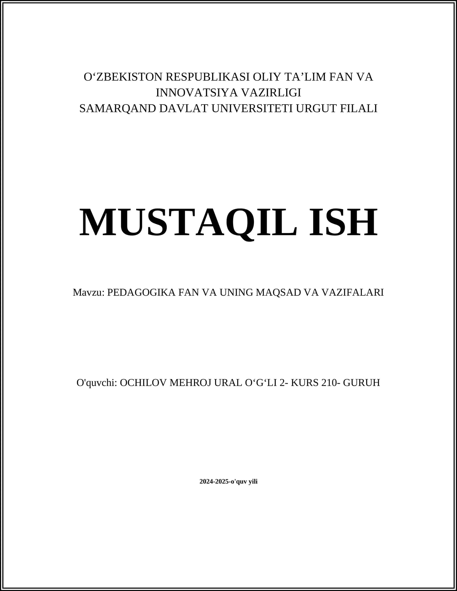 PEDAGOGIKA FAN VA UNING MAQSAD VA VAZIFALARI