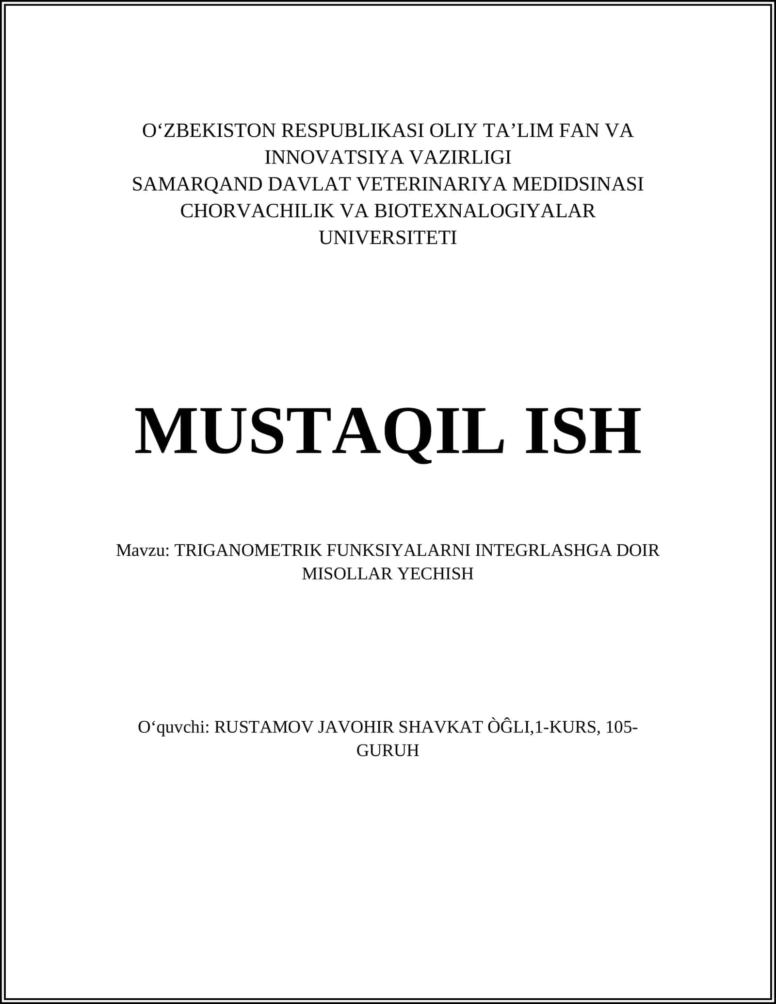 TRIGANOMETRIK FUNKSIYALARNI INTEGRLASHGA DOIR MISOLLAR YECHISH