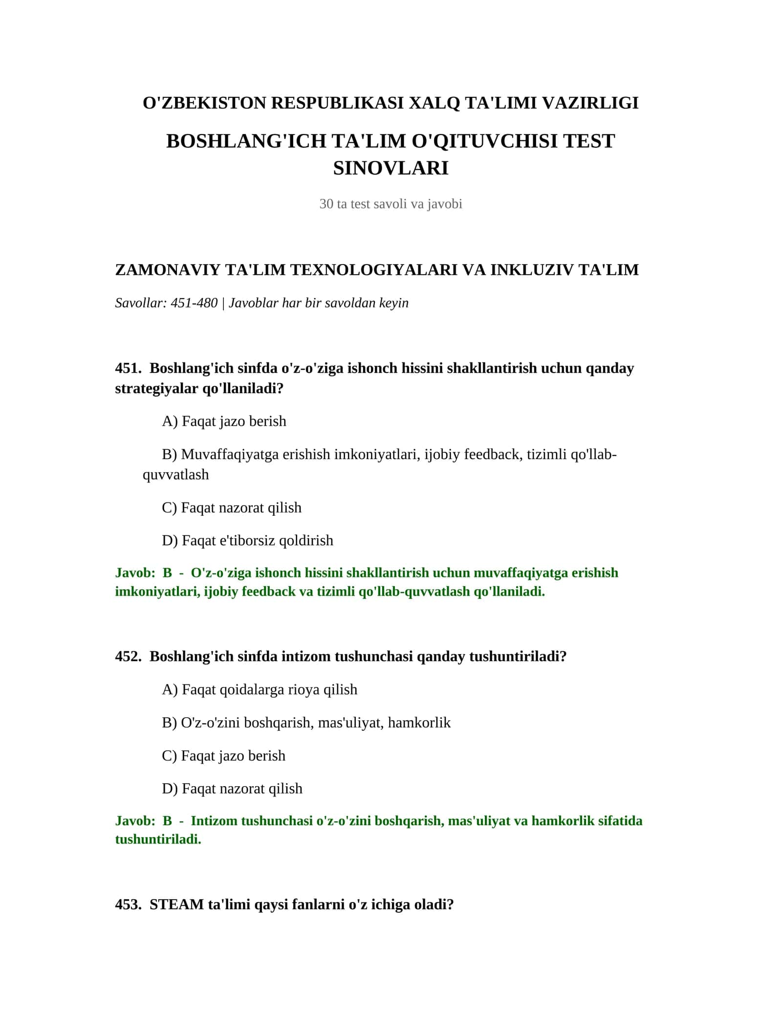 BOSHLANG'ICH TA'LIM O'QITUVCHISI TEST SINOVLARI