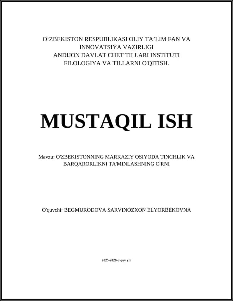 O'zbekistonning Markaziy Osiyoda Tinchlik va Barqarorlikni Ta'minlash