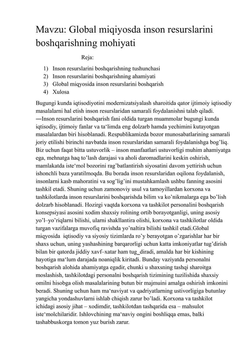 Global miqiyosda inson resurslarini boshqarishning mohiyati