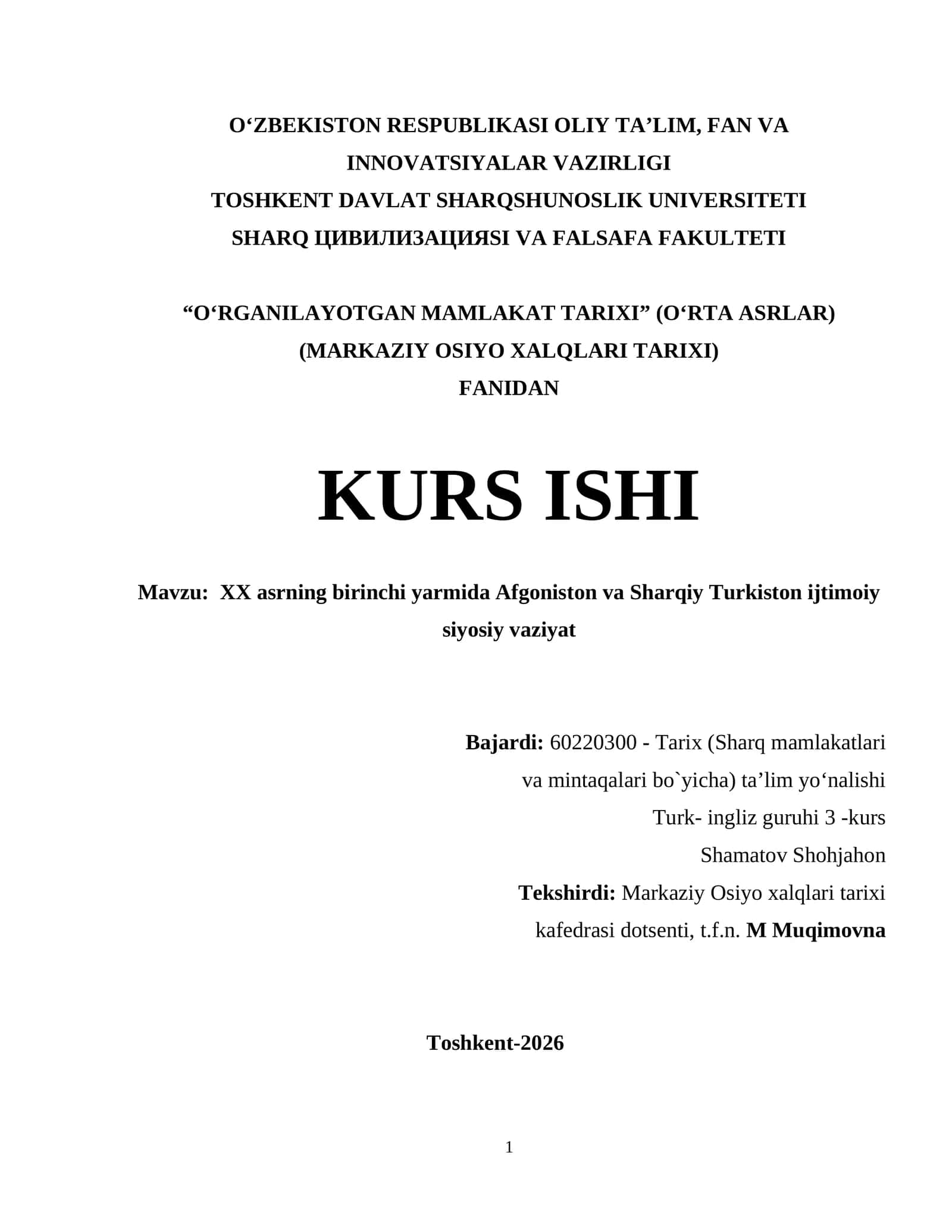 XX asrning birinchi yarmida Afgoniston va Sharqiy Turkiston ijtimoiy siyosiy vaziyat (Sharq mamlakatlari va mintaqalari)