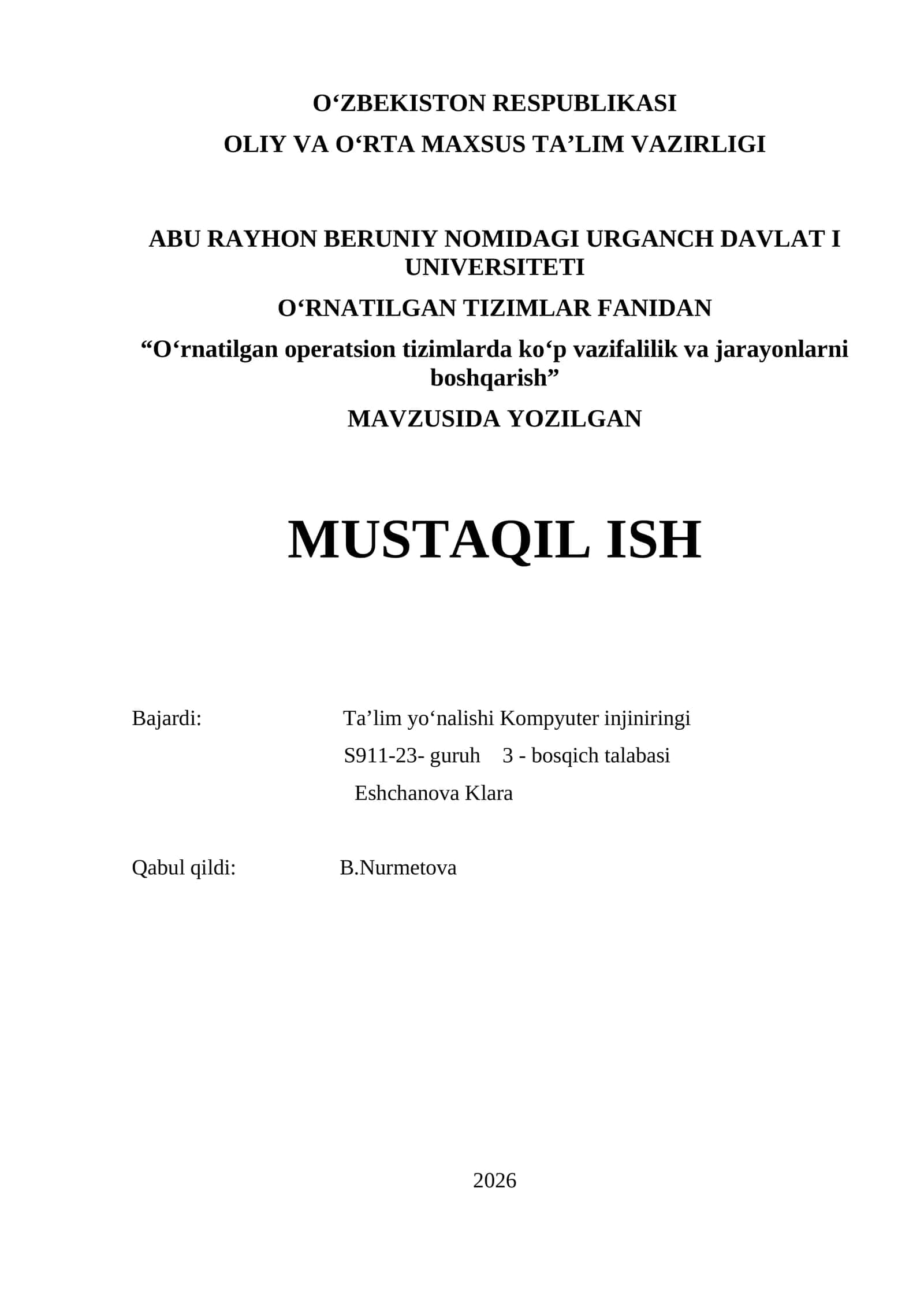 Oʻrnatilgan operatsion tizimlarda koʻp vazifalilik va jarayonlarni boshqarish