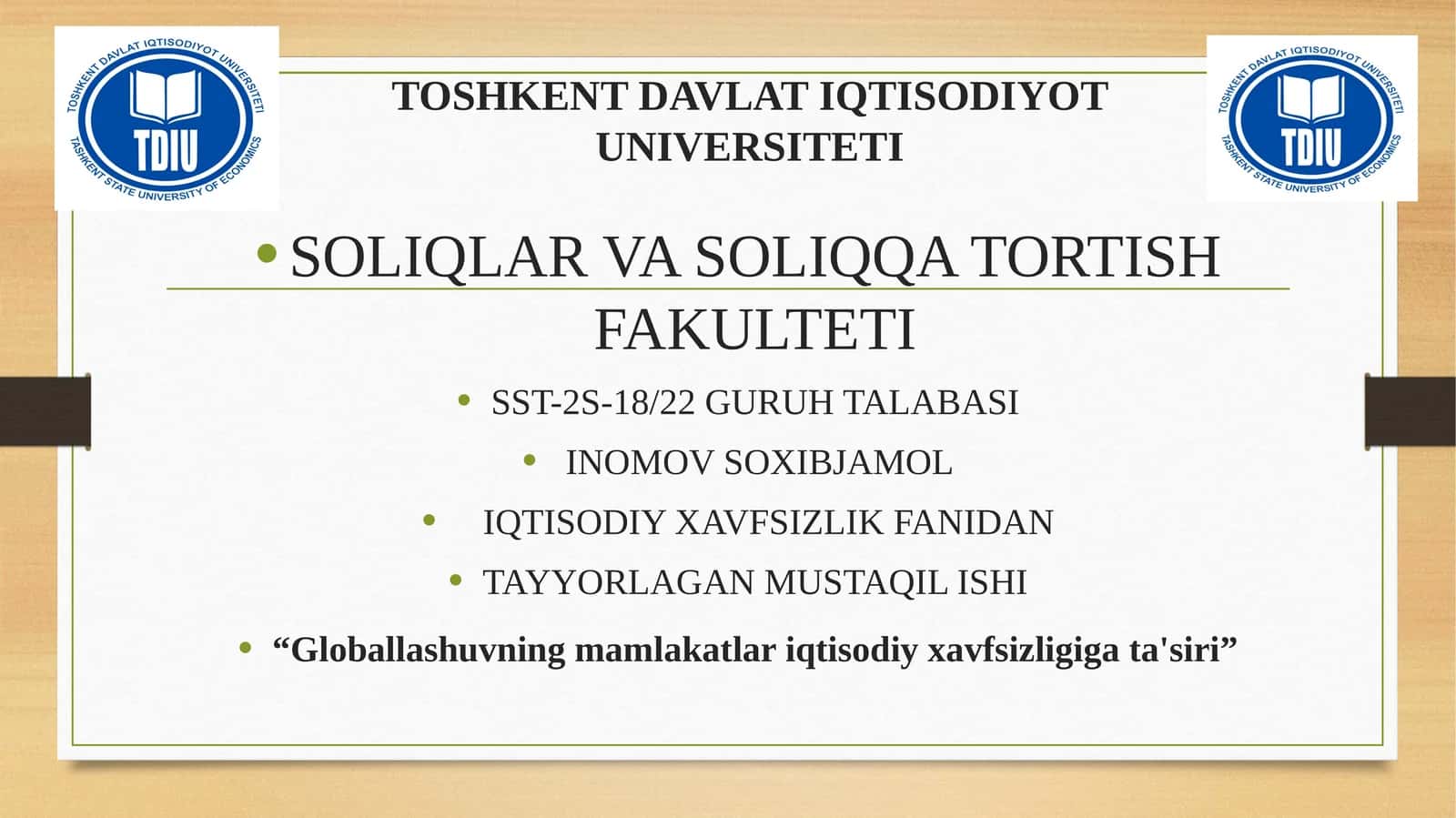Globallashuvning mamlakatlari iqtisodiy xavfsizligiga ta'siri