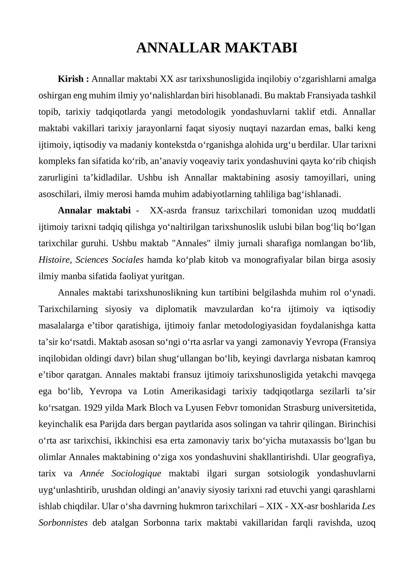 Annallar maktabining faoliyati