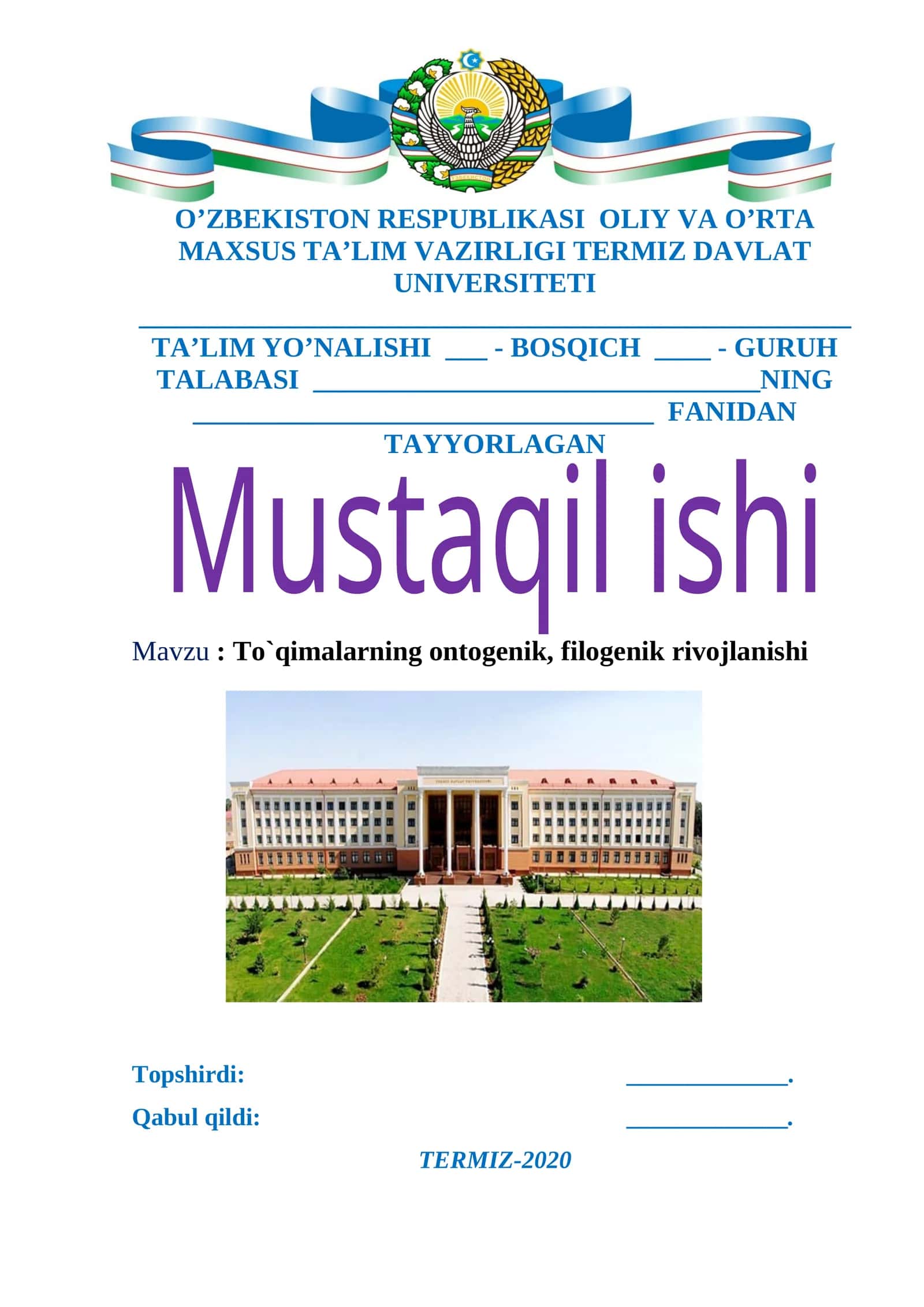 To`qimalarning ontogenik, filogenik rivojlanishi