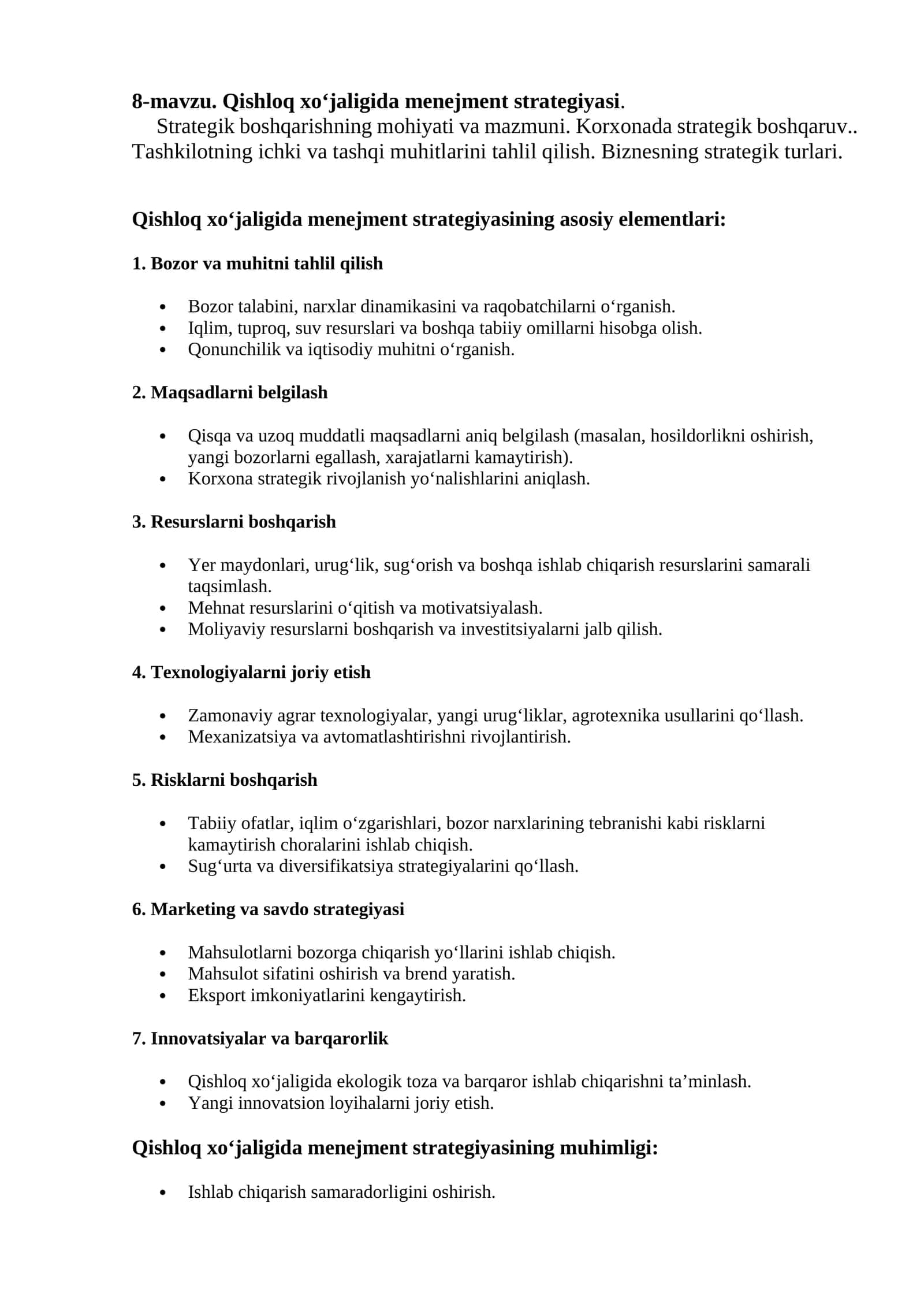 Qishloq xo‘jaligida menejment strategiyasi