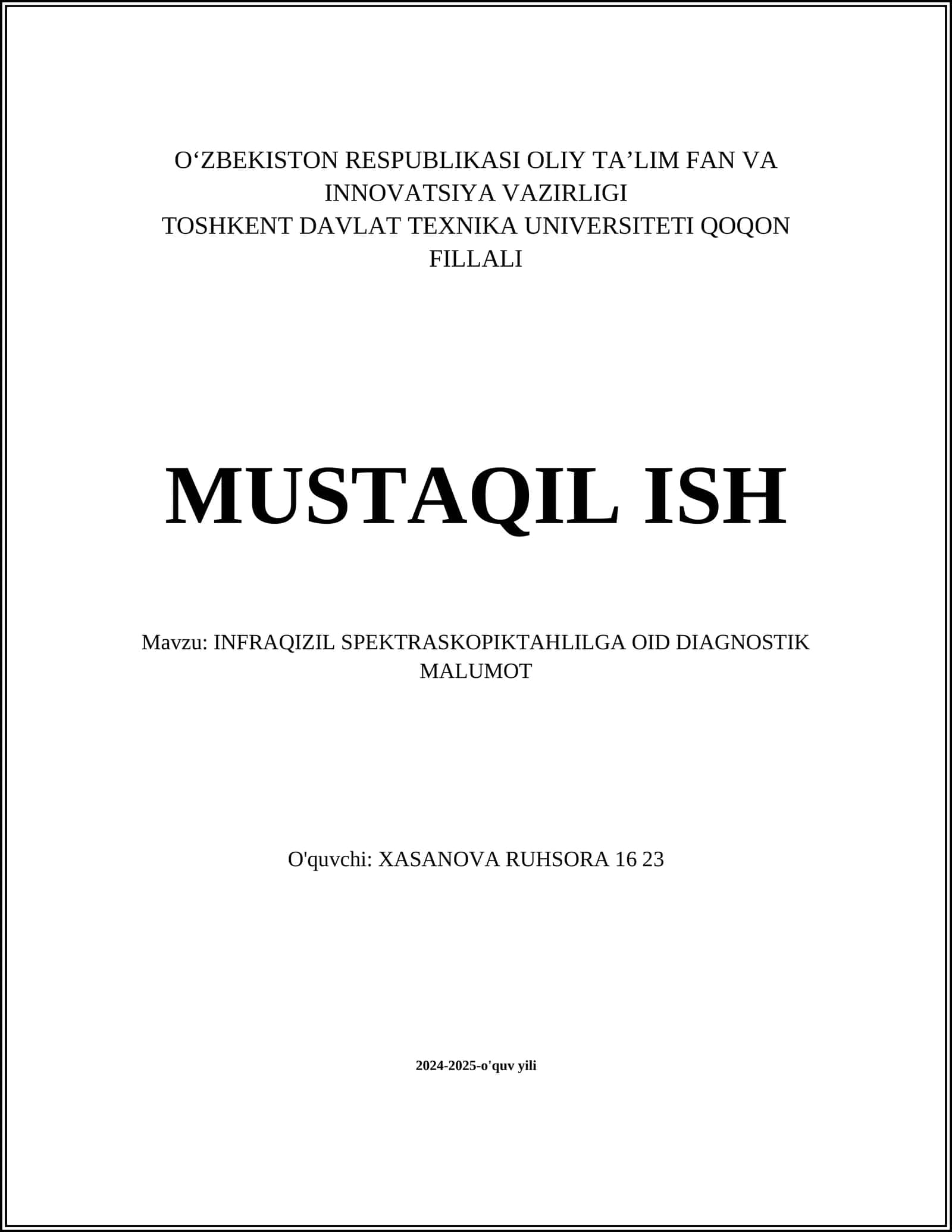 INFRAQIZIL SPEKTRASKOPIKTAHLILGA OID DIAGNOSTIK MALUMOT