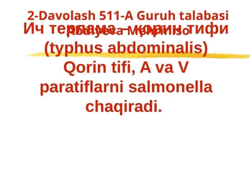 Ич терлама –қорин тифи (typhus abdominalis)Qorintifi,AvaVparatiflarnisalmonellachaqiradi