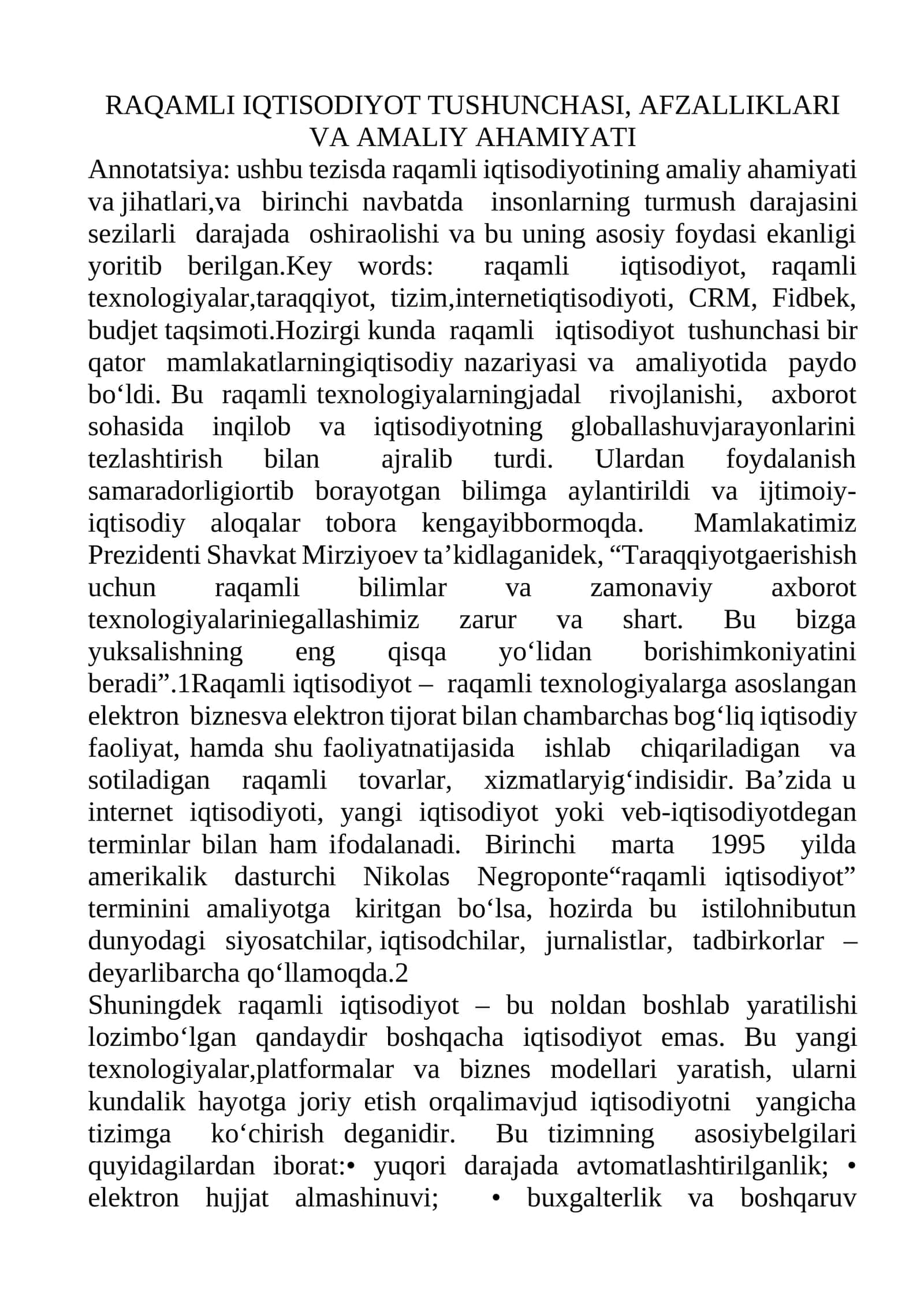 RAQAMLI IQTISODIYOT TUSHUNCHASI, AFZALLIKLARI VA AMALIY AHAMIYATI