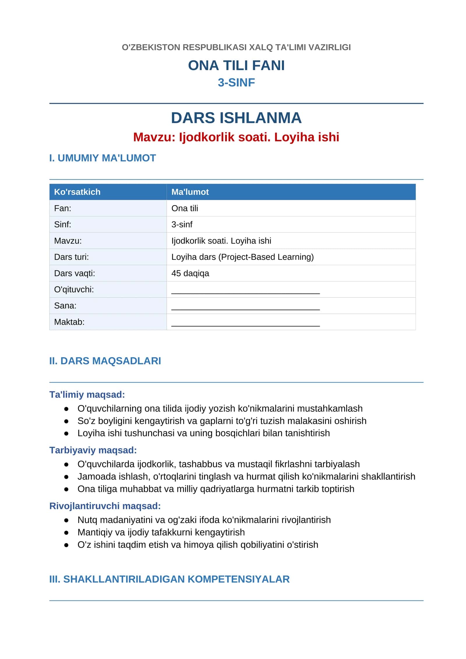 3-Sinflar uchun Ona tili fanidan "Ijodkorlik soati. Loyiha ishi" mavzusida dasr ishlanma