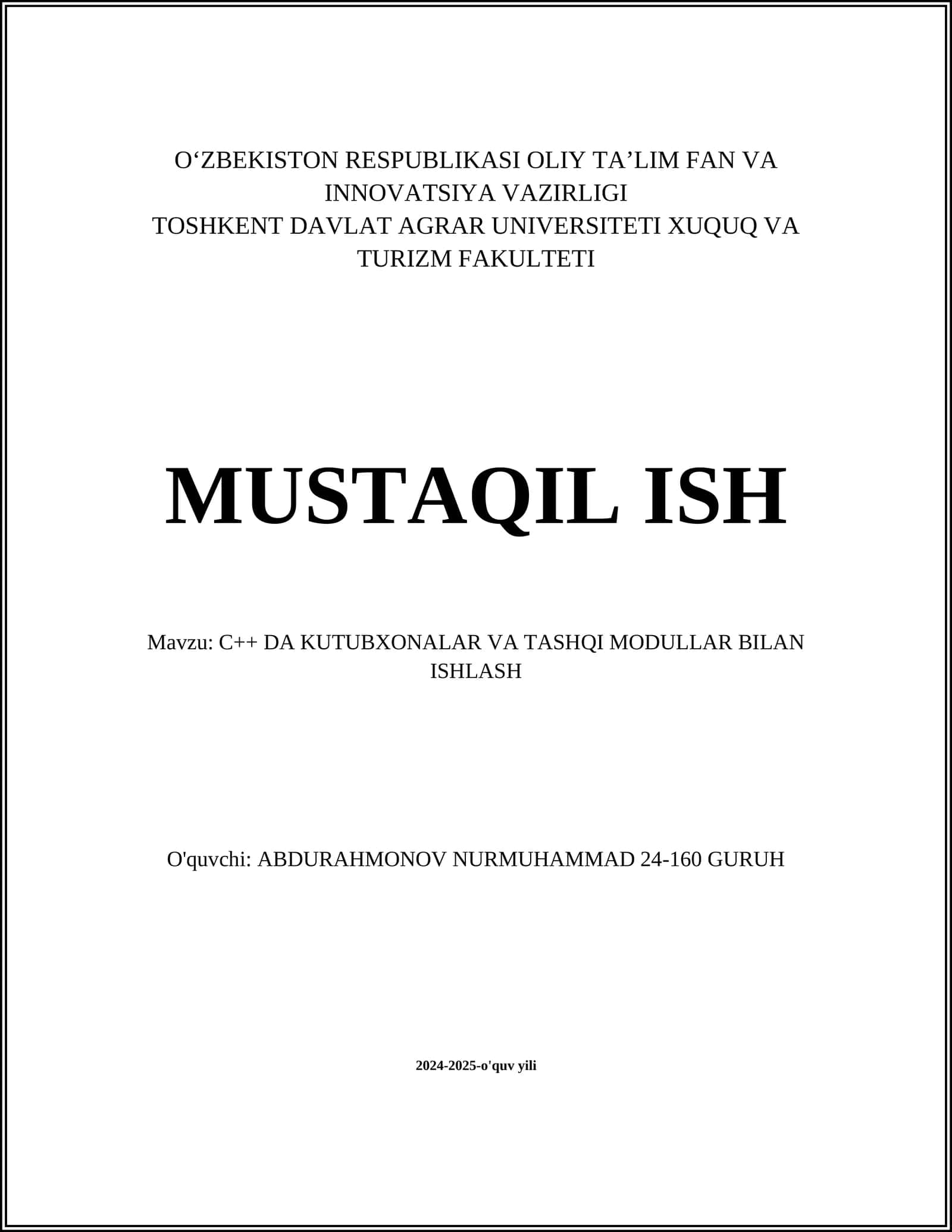 C++ DA KUTUBXONALAR VA TASHQI MODULLAR BILAN ISHLASH