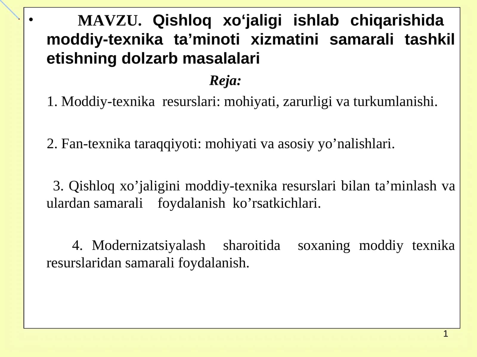 Qishloq xo‘jaligi ishlab chiqarishida moddiy-texnika ta’minoti xizmatini samarali tashkil etishning dolzarb masalalari