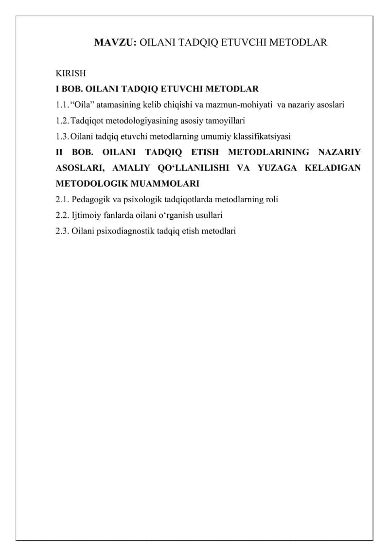 Oilani Tadqiq Etuvchi Metodlar