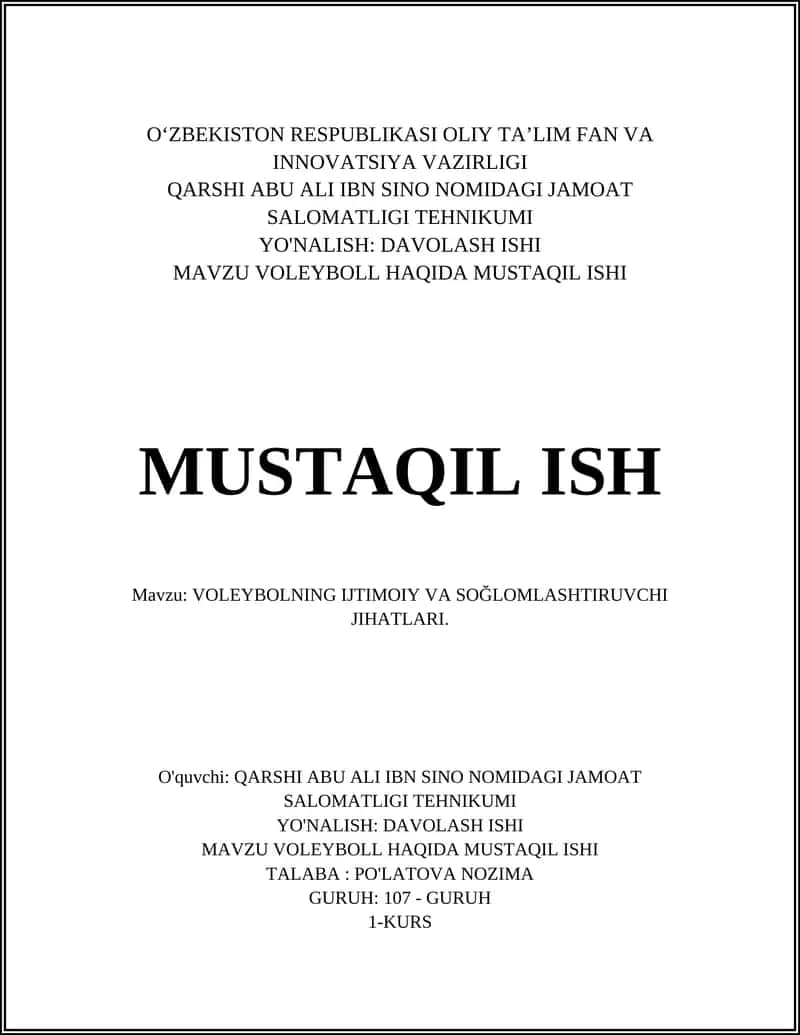 VOLEYBOLL HAQIDA MUSTAQIL ISHI