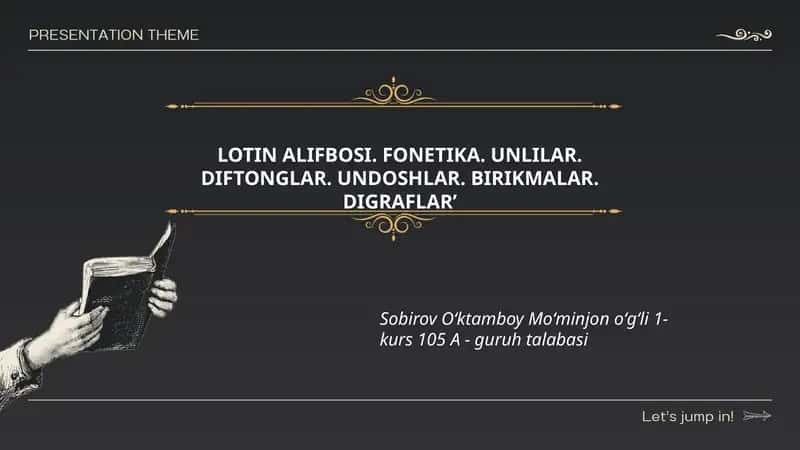 LOTIN ALIFBOSI. FONETIKA. UNLILAR. DIFTONGLAR. UNDOSHLAR. BIRIKMALAR. DIGRAFLARʼ