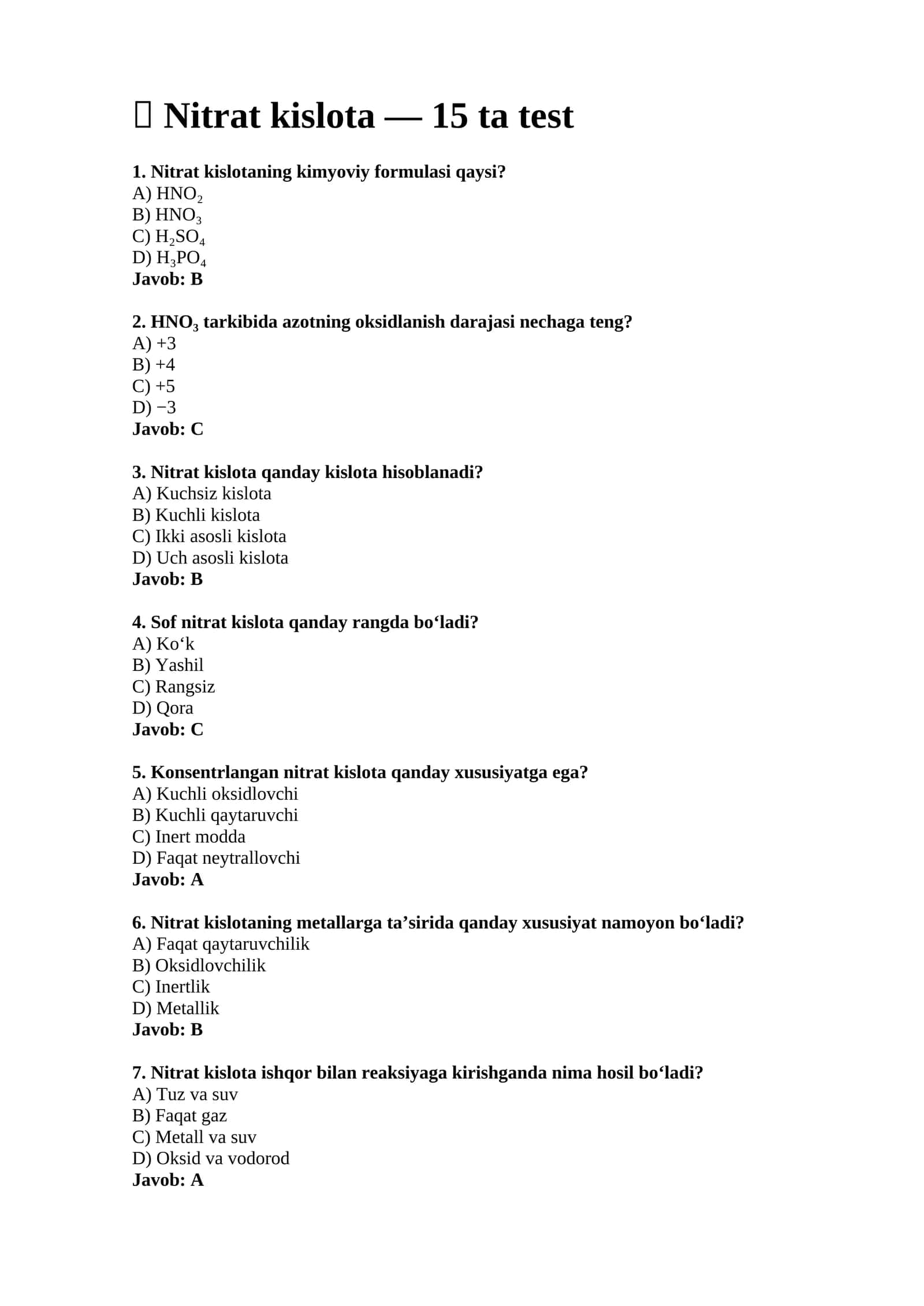 Nitrat kislota testlari