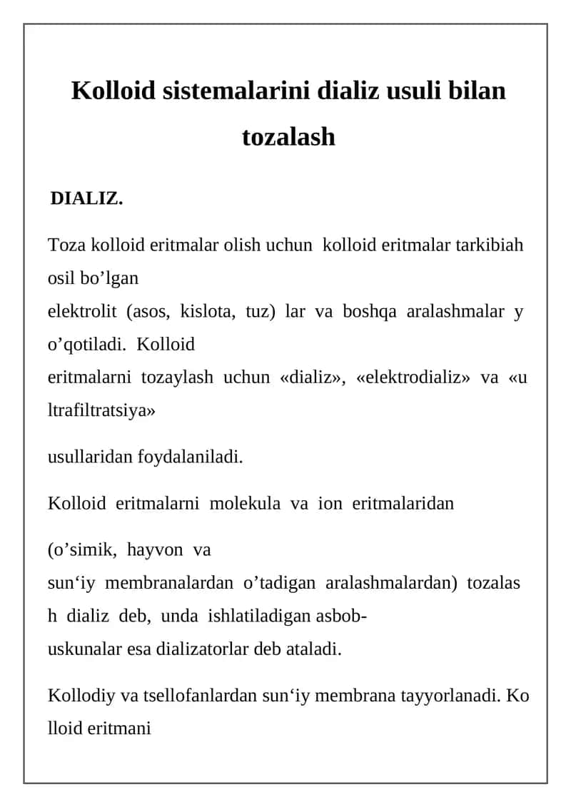 Kolloid sistemalarini dializ usuli bilan tozalash