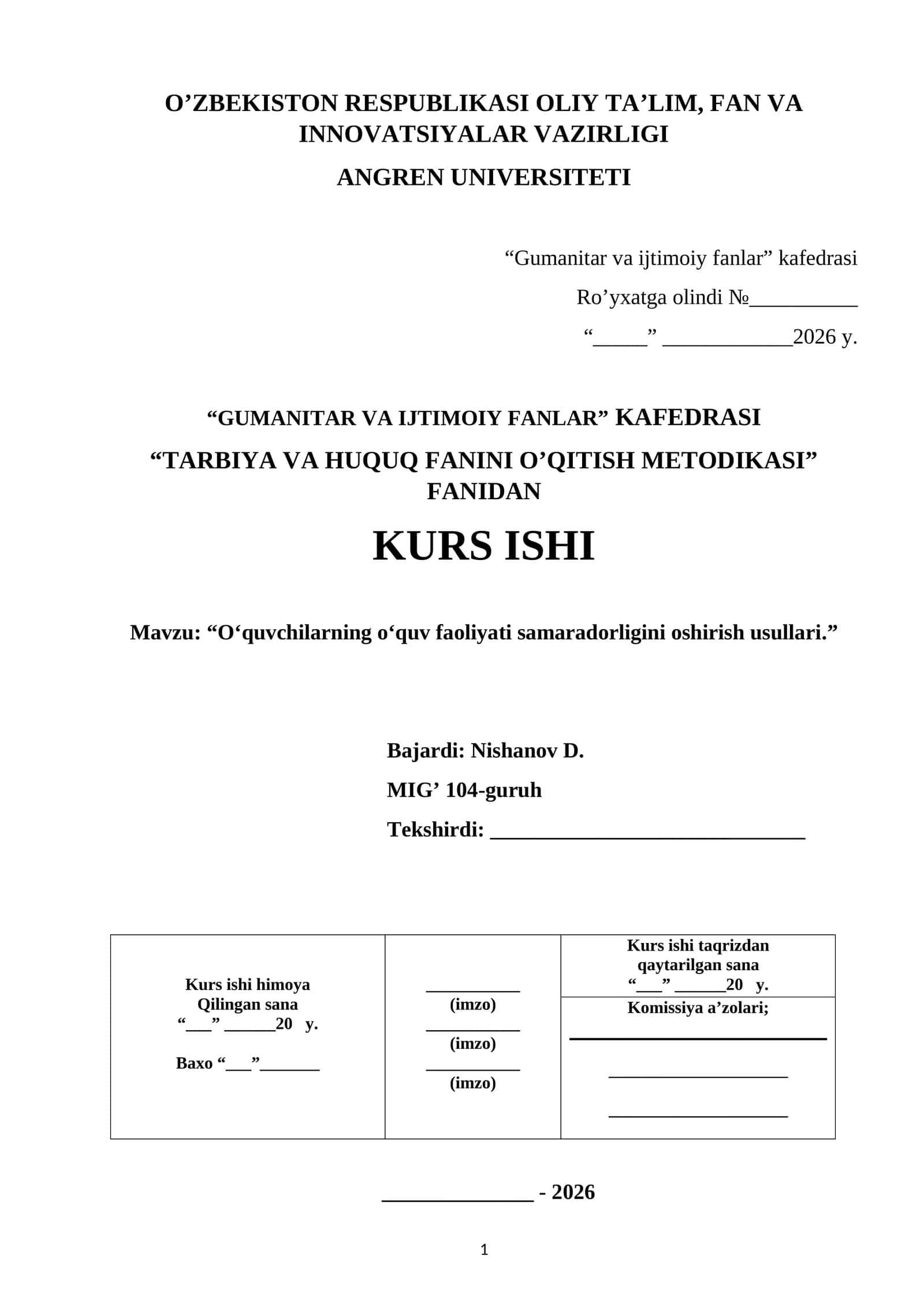 “TARBIYA VA HUQUQ FANINI O’QITISH METODIKASI” FANIDAN KURS ISHI