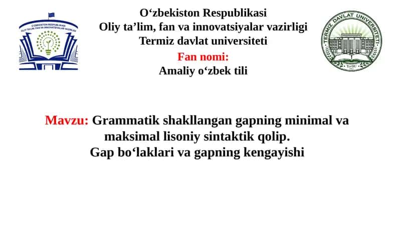 Grammatik shakllangan gapning minimal va maksimal lisoniy sintaktik qolip. Gap boʻlaklari va gapning kengayishi