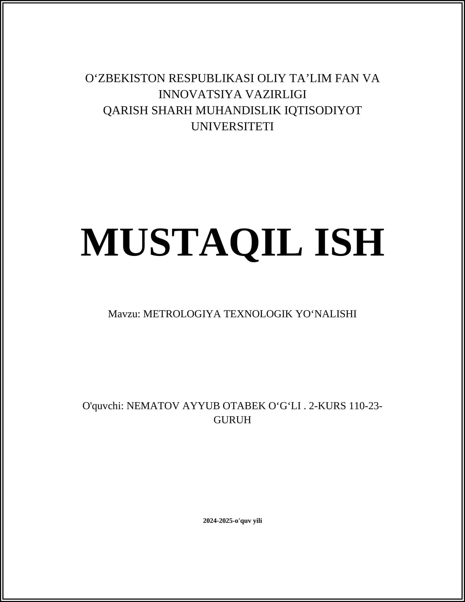 METROLOGIYA TEXNOLOGIK YOʻNALISHI