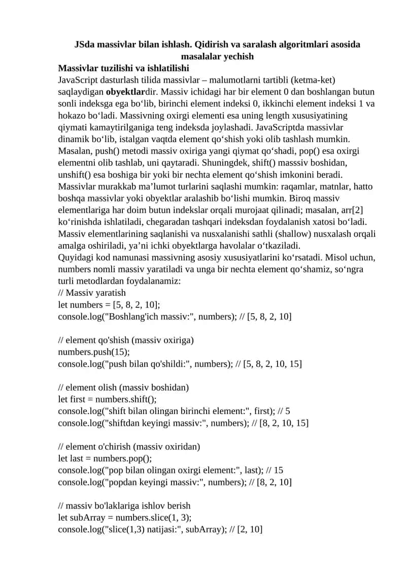JavaScriptda Massivlar bilan ishlash