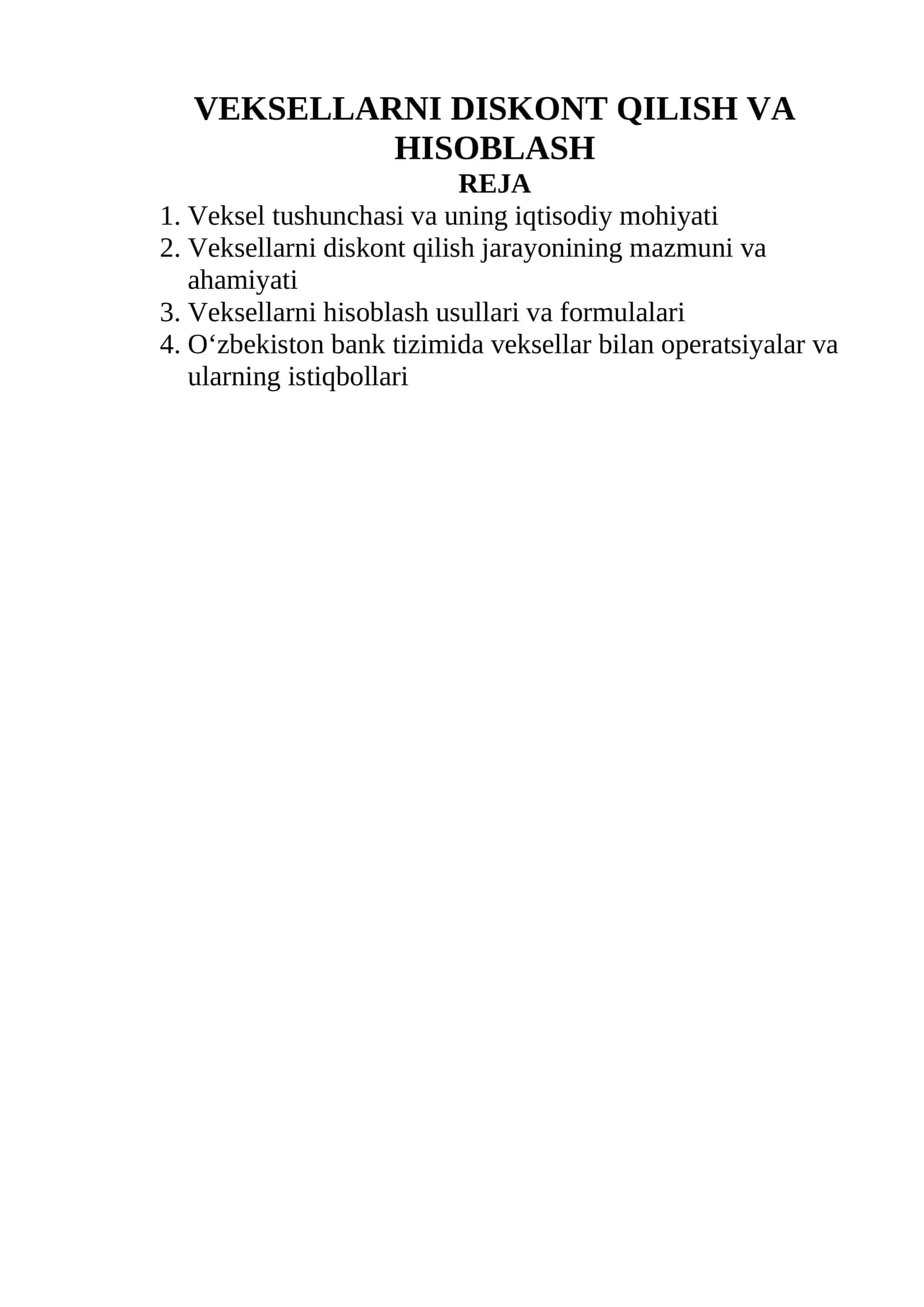 VEKSELLARNI DISKONT QILISH VA HISOBLASH