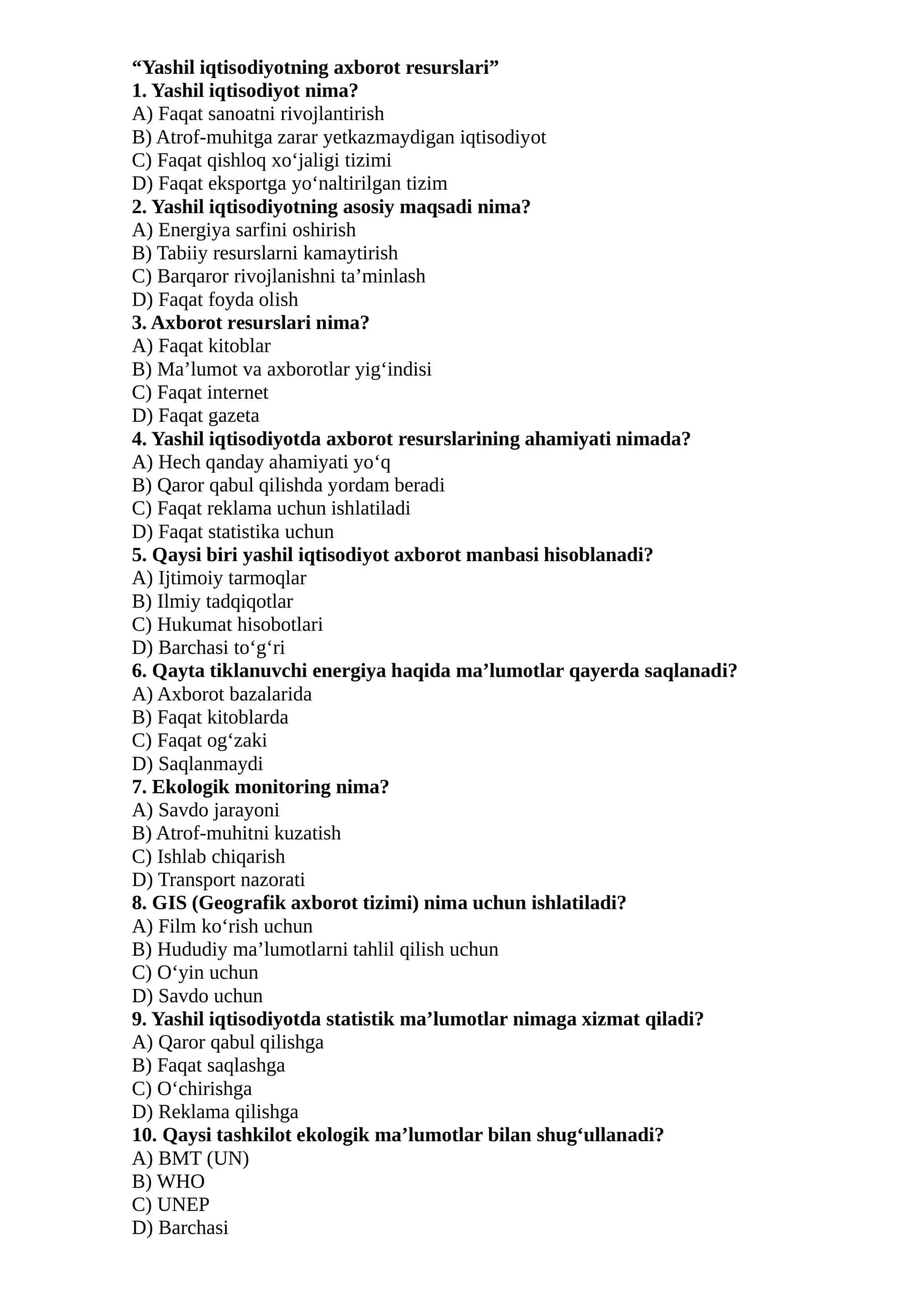 Yashil iqtisodiyotning axborot resurslari