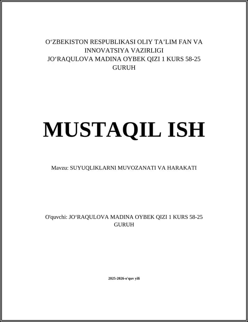 SUYUQLIKLARNI MUVOZANATI VA HARAKATI